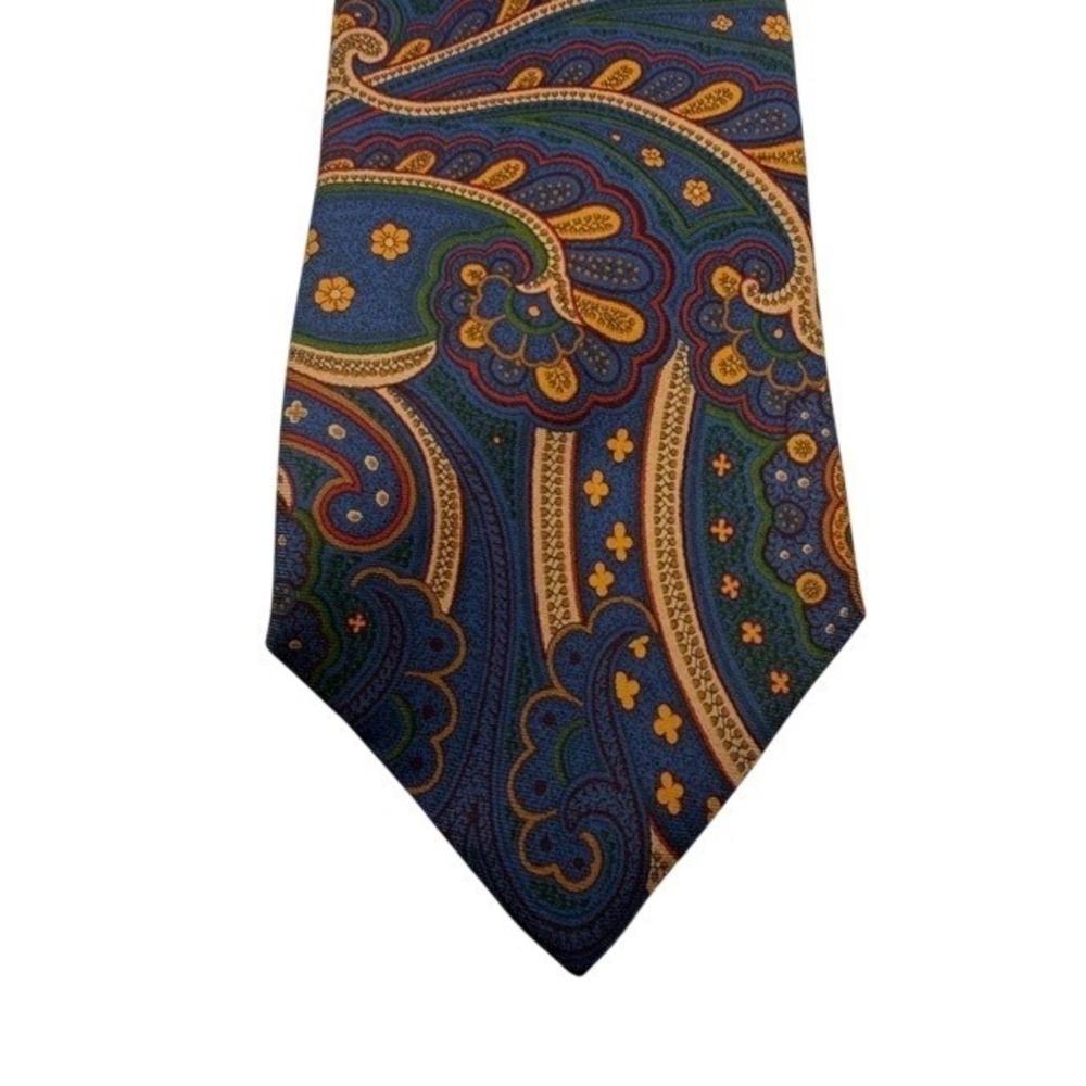 Brooks Brothers 346 Mens Blue Gold Paisley Silk Necktie Made in USA Italian Silk